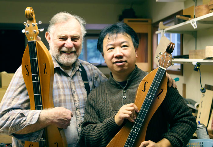 Howard Rugg and Wayne Jiang with Wayne's 1970 and 2014 CapriTaurus dulcimers