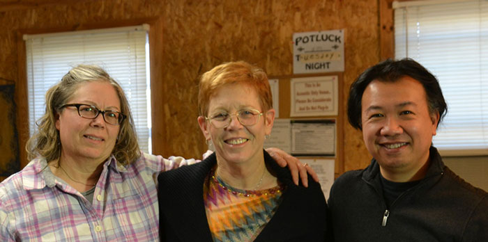 Patricia Delich, Linda Brockinton, and Wayne Jiang after the Hearts of the Dulcimer 2014 screening in Mountain View, Arkansas.