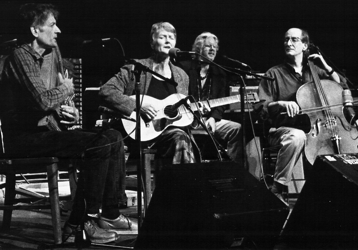 Bob playing on Mountain Stage in 1996 with (L-R) Mike Seeger, Peggy Seeger, and Arlo Guthrie. 